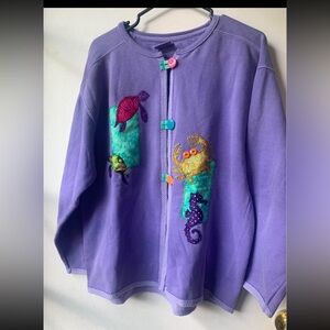 Purple seahorse carb turtle cardigan sweater button up pink orange turquoise